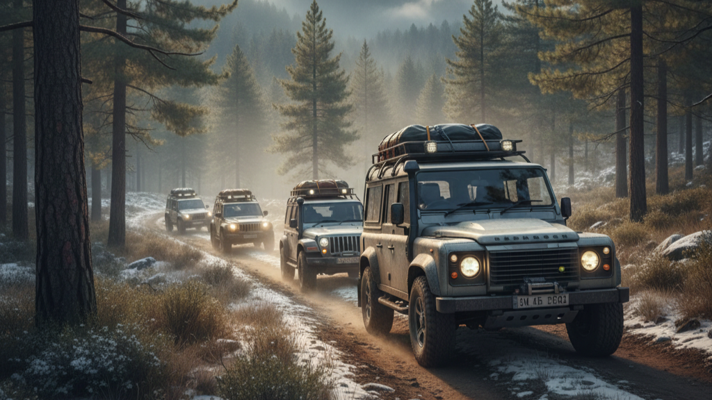 4x4 off-road expedition in North India through misty forest trails with winter conditions