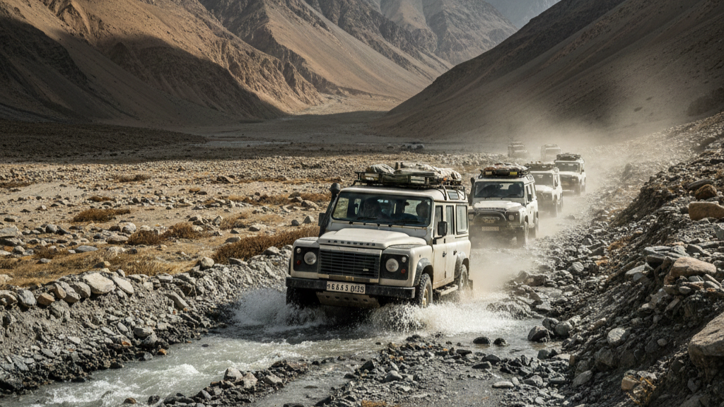 Off-road mountain adventure in North India with 4x4 convoy exploring rugged rocky terrain