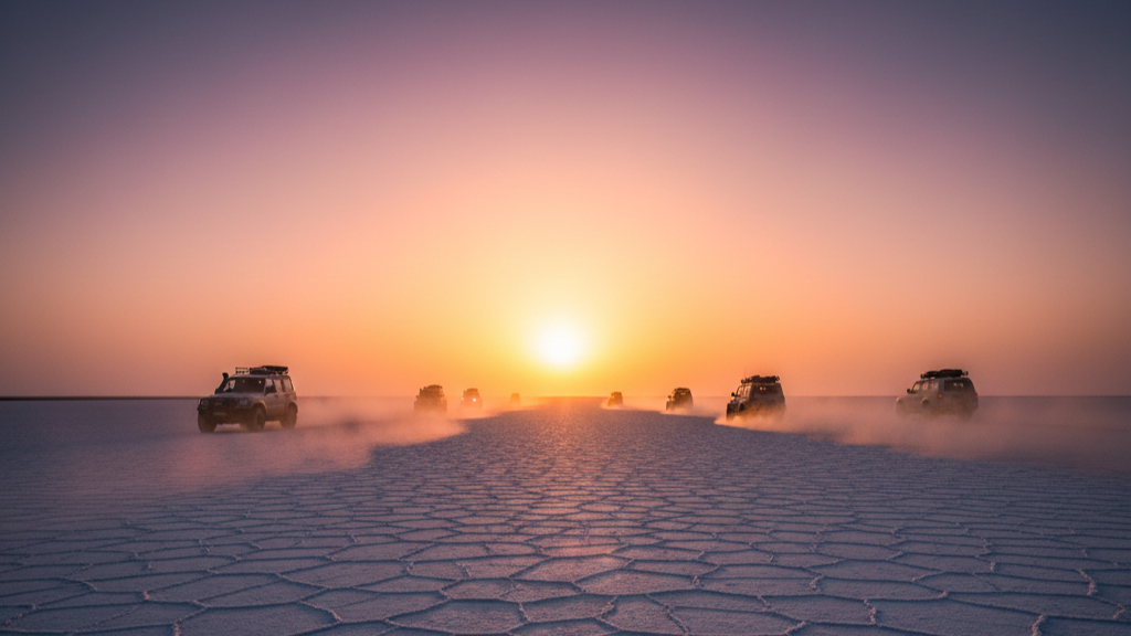 Off-road adventure in North India with 4x4 vehicles driving across open terrain at sunset