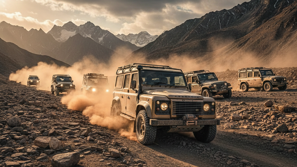 Group off-road tour in North India with 4x4 vehicles navigating remote mountain landscapes